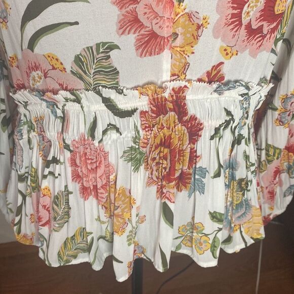 Loft floral high smocked neckline ruffled peplum blouse with front tie size S - Picture 7 of 12